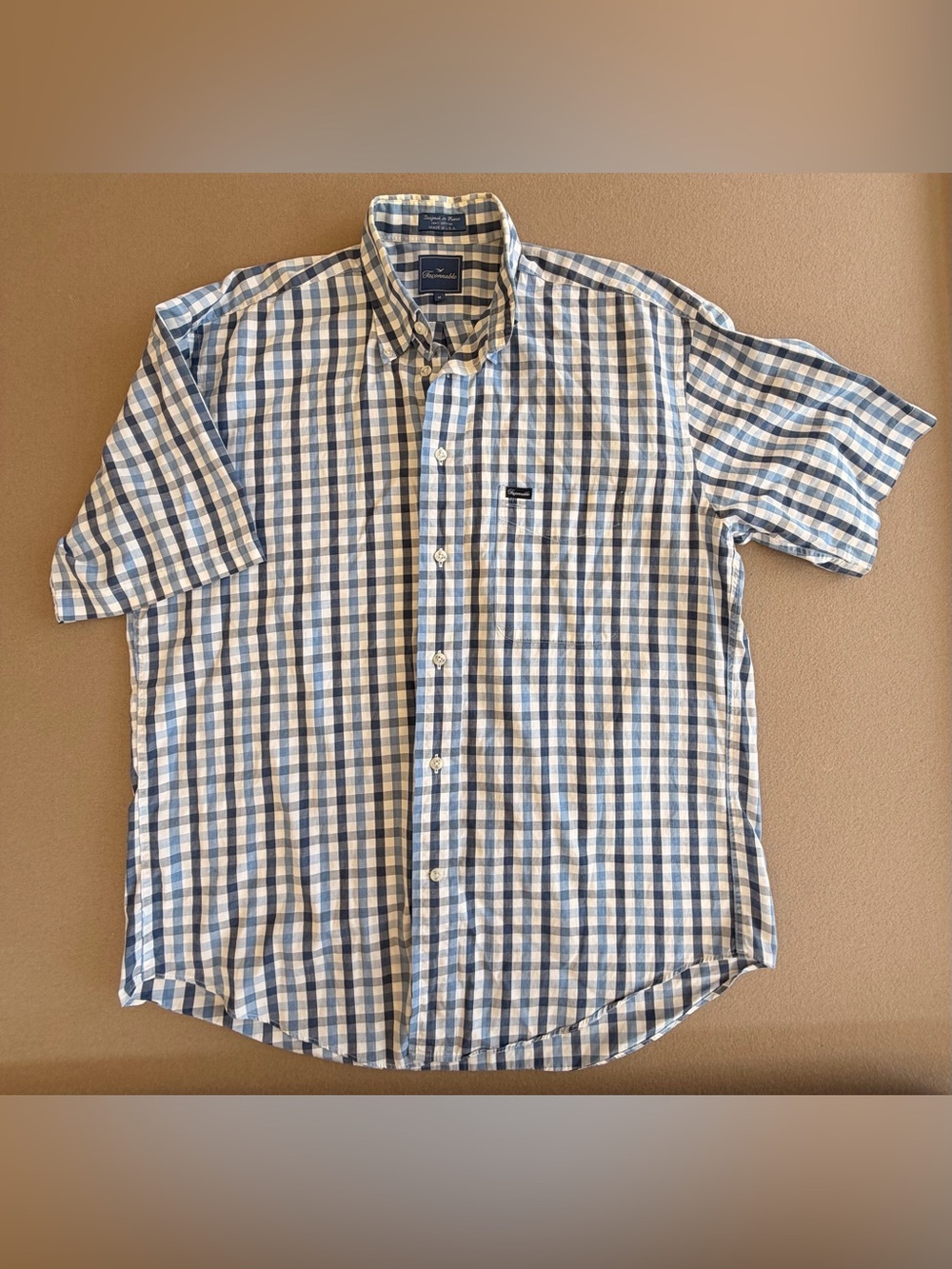 Faconnable Men's Short-Sleeve Button-Up Shirt in Blue, Brown and White Check